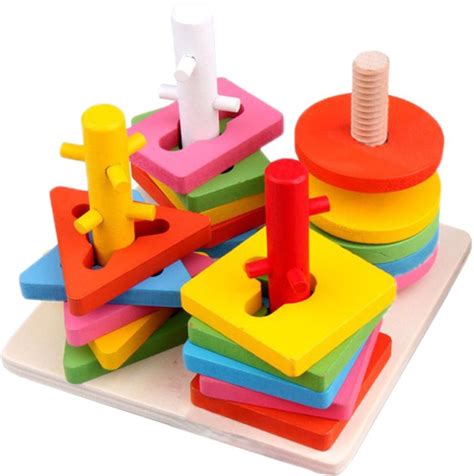 Wooden Geometric Shape Sorter And Colors Recognition Stacking Toys For