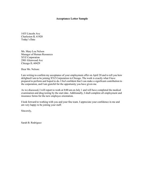 Simple Job Offer Acceptance Letter Templates At Allbusinesstemplates