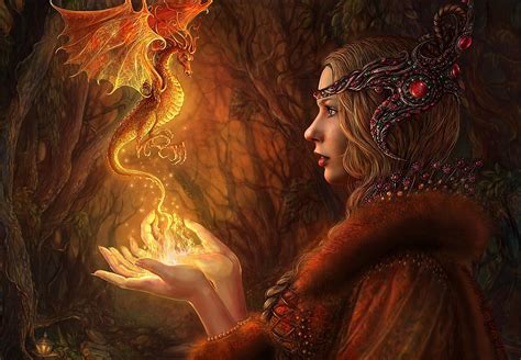 Fantasy Woman Conjuring Up A Dragon With Magic By Alena Klementeva