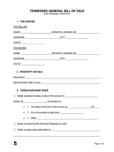 Tn General Bill Of Sale For Personal Property Fill And Sign
