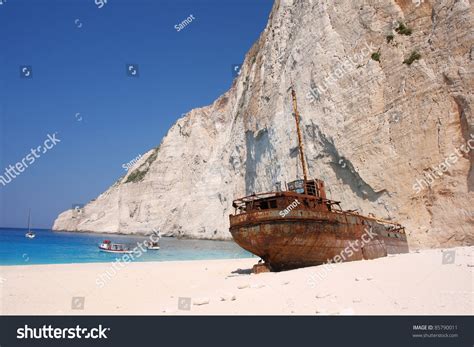 Navagio Beach With Ship Wreck In Zakynthos Greece Stock