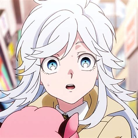 An Anime Character With Long White Hair And Blue Eyes Holding A Pink