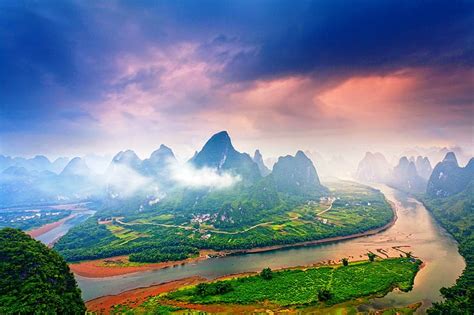 Hd Wallpaper Nature Landscape Mist Mountains River Clouds Guilin
