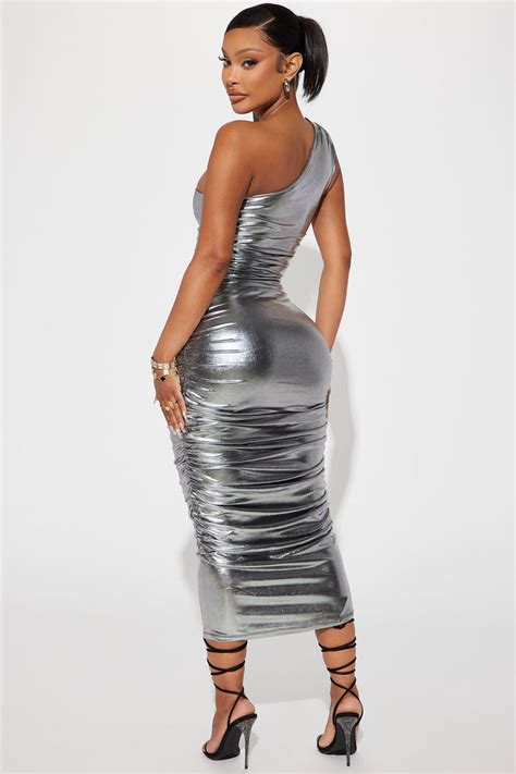Kaelynn Metallic Midi Dress Silver Fashion Nova Dresses Fashion Nova