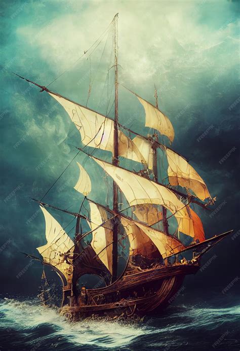 Premium Photo An Ancient Pirate Ship With Tattered Sails Is Sailing