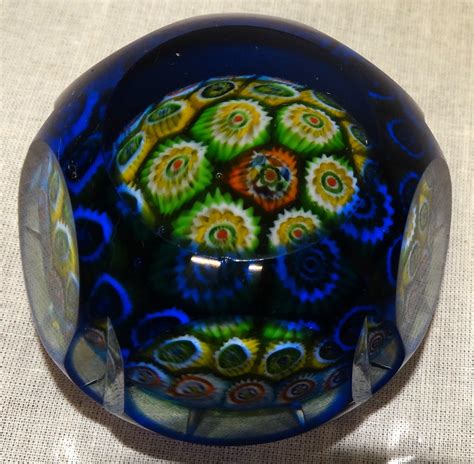 Faceted Millefiori Paperweight Blue Overlay Lovely Six Facets From