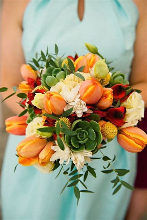 Orange Tulip And Succulent Bridal Bouquet For A Modern Wedding Tulip