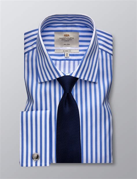 Mens Formal Blue And White Bengal Stripe Classic Fit Shirt Double Cuff
