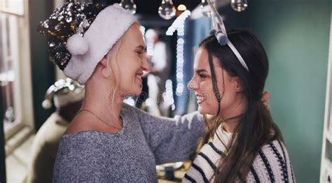 christmas party dance and lesbian couple in home for festive celebration xmas event or holiday