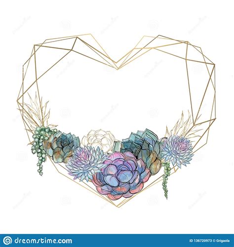 Gold Heart Frame With Succulents Valentine Watercolorgraphics