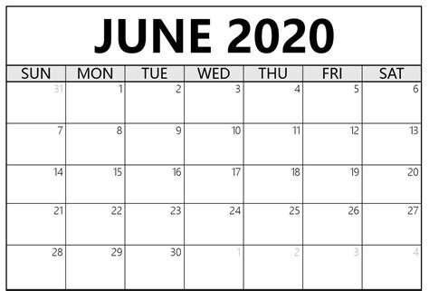 Calendar 2020 June Excel Zudocalendrio