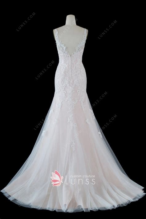 Timeless Blush Satin Lace Tulle Mermaid Wedding Dress Lunss