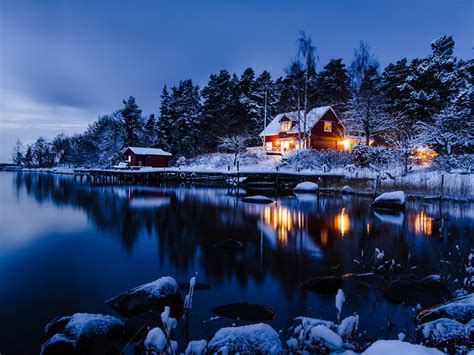 배경 화면 스톡홀름 스웨덴 눈이 겨울 풍경 가옥 호수 숲 푸른 스타일 1920x1200 Hd 그림 이미지
