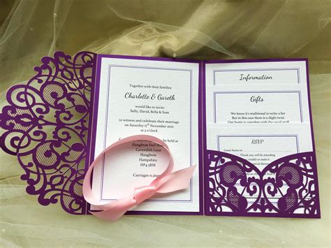 Purple Laser Cut Pocketfold Wedding Invitations with printed inserts £2.75