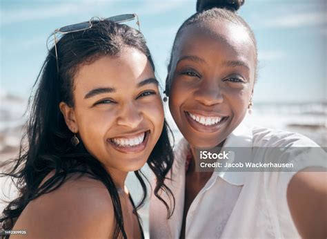 Portrait Friends And Selfie Of Women At Beach Outdoors Having Fun Or