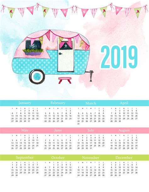 Free Printable 2019 Glamping One Page Calendar The