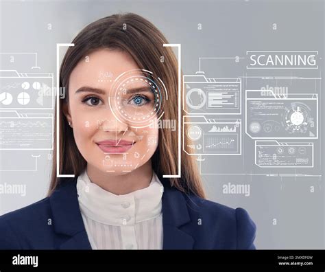 Facial Recognition System Woman With Scanner Frame On Face And