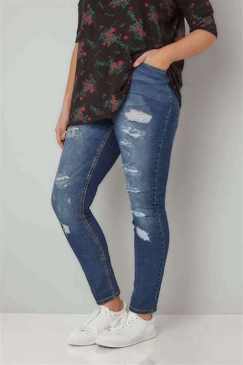 Limited Collection Blue Washed Ripped Skinny Jeans Plus Size 16 To 32