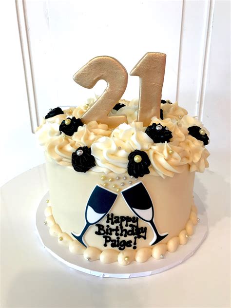 Black White And Gold Classy 21st Birthday Cake With Champagne Flutes
