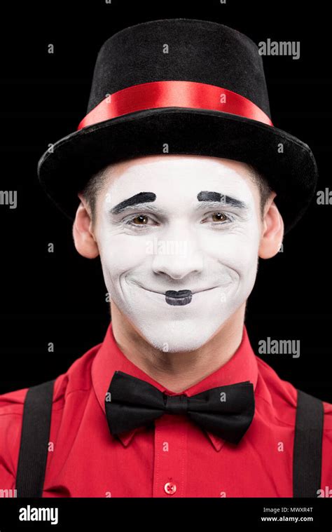 Portrait Of Smiling Mime With Makeup Isolated On Black Stock Photo Alamy