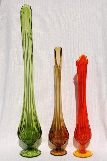 Mcm Vintage Art Glass Vases Tall Mod Vase Collection In Amber Orange Green Glass Colored