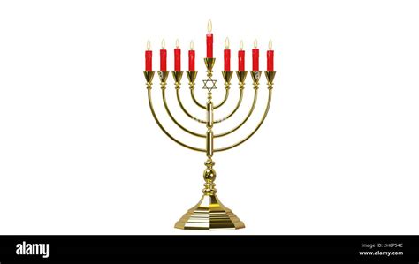 Hebrew Menorah Of Hanukkah With Burning Red Candles Symbol For Jewish