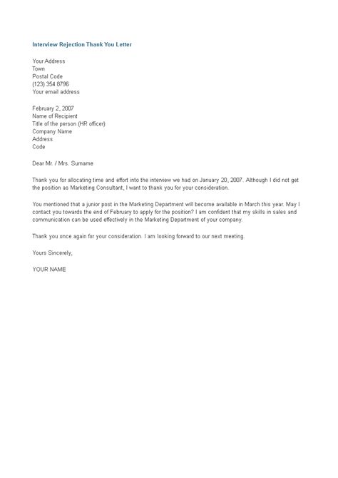 Interview Rejection Thank You Letter Templates At
