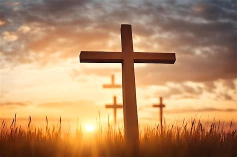 Premium Ai Image A Cross In A Field Of Crosses With The Sun Setting