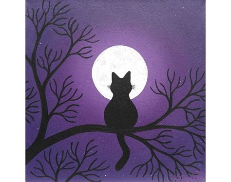 Black Cat Under A Full Moon Original Painting Acrylic Art With The