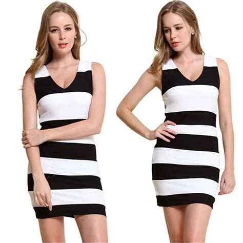 2016 New Black White Stripe Dress Women Slim Package Hip Dresses For Summer S M L Plus Size 18