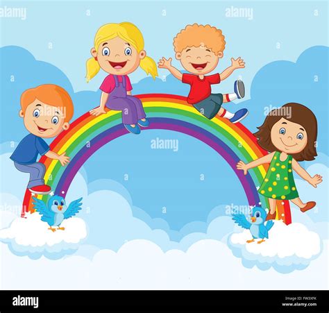 Cartoon Happy Kids Sitting On Rainbow Stock Vector Image And Art Alamy