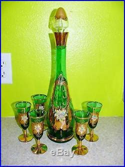 Vtg Bohemian Czech Green Art Glass Decanter Cordial Set Applied Flowers K Gold Vintage Glass
