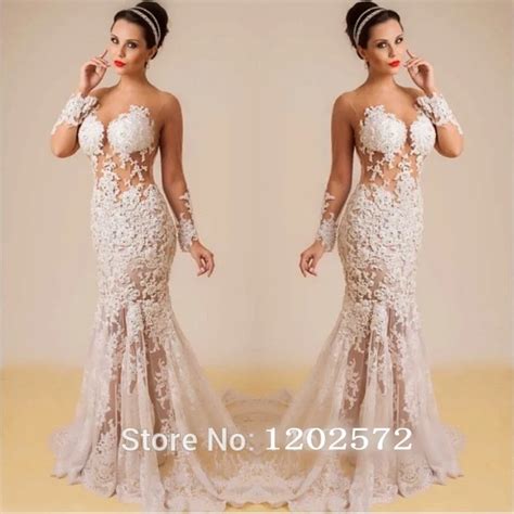 Sexy Sheer Long Sleeves Nude Back White Lace Prom Dresses Formal