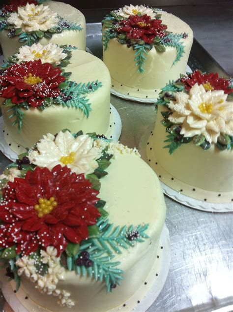 Red Velvet Cake Decorated With Winter Poinsettias Bine Branches And