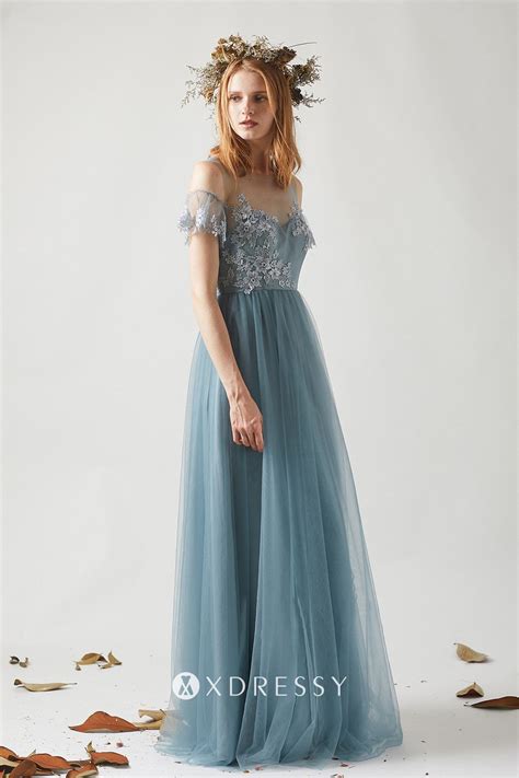 classy dusty blue lace tulle cold shoulder party dress xdressy