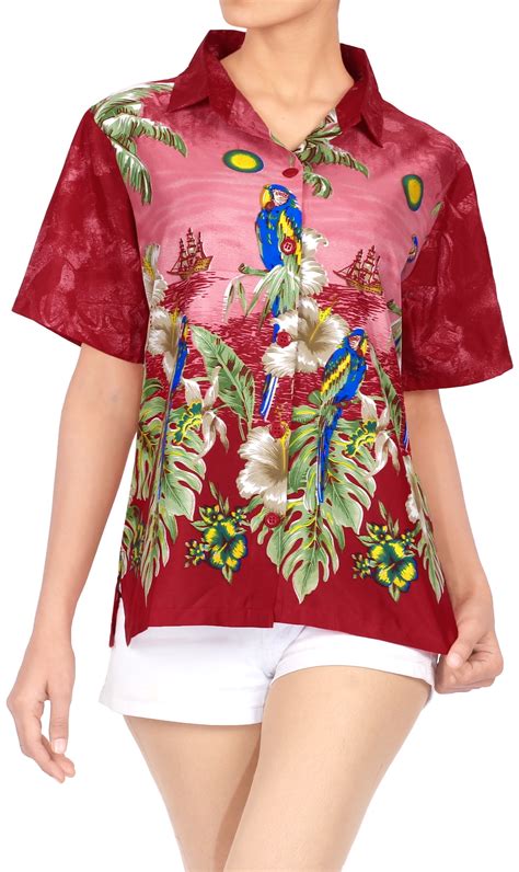 Happy Bay Happy Bay Womens Hippie Hawaiian Blouse Shirt Button Down