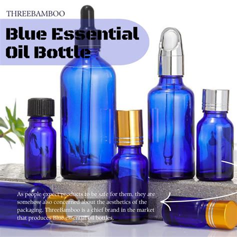 Blue Essential Oil Bottles Are Shown With The Label Labeled Three Bamboo Products And One