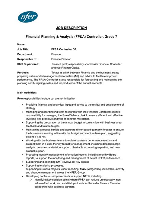 Find out about financial planning and analysis manager job duties, salaries and for employers looking to fill a financial planning & analysis manager vacancy, the following sample typical job duties and responsibilities: Financial Planning & Analysis (FP&A) Controller, Grade 7