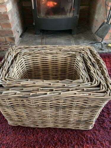 Wicker Log Storage Baskets Rectangular Basket Grey And Buff Rattan