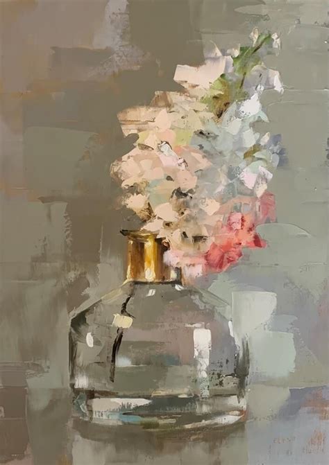 An Oil Painting Of Flowers In A Glass Vase On A Table With Grey And
