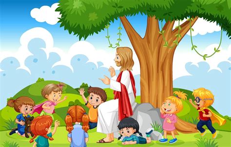 Jesus Y Los Niños En El Parque 6159125 Vector En Vecteezy