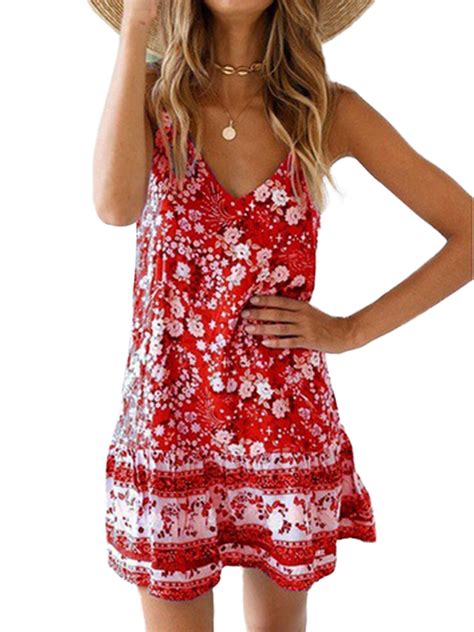 Womens Boho Floral Sleeveless V Neck Sundress Beach Loose Summer Mini Dress Walmart Canada