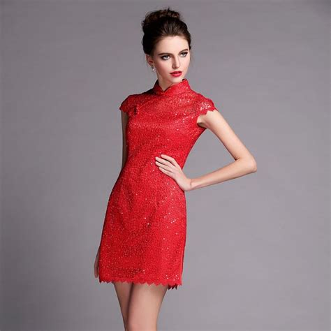 Adorable Modern Beaded Red Lace Cheongsam Qipao Dress