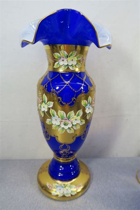Murano Cobalt Blue ~ 11 Tall Vase ~ Vintage Unused ~ Gold W Flowers ~w W Tall Vases