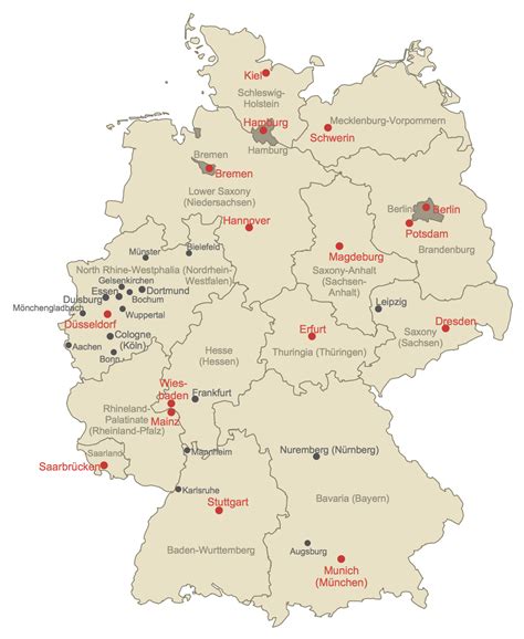The country in central europe is bounded by the baltic sea, the north sea and denmark in north, by the netherlands, belgium map is showing germany with administrative boundaries of the german states (bundesländer), state capitals, major cities, towns, expressways. Draw a Printable Map of Germany | ConceptDraw HelpDesk