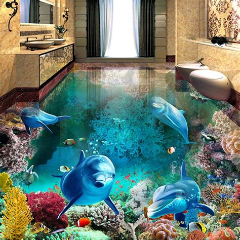 Custom 3d Floor Painting Mural Photo Wallpaper Underwater World Dolphin