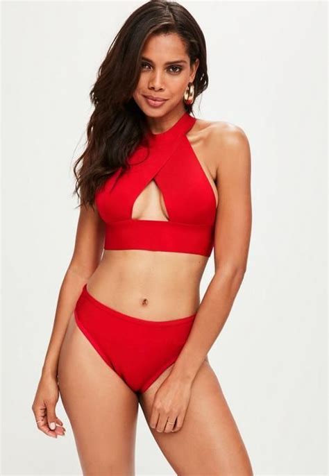 Missguided Red Bandage Grecian Halterneck Bikini Set Beachwear