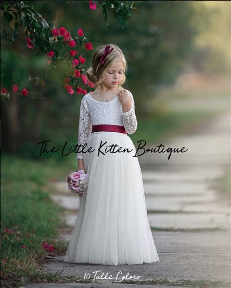 Long Sleeve Lace And Tulle Flower Girl Dress White Lace Rustic Wedding