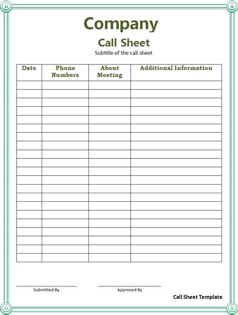 Call Sheet Format Free Word Templates