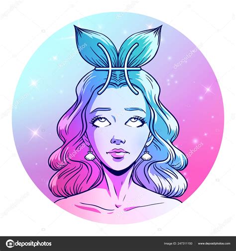 Pisces Zodiac Sign Artwork Beautiful Girl Face Horoscope Symbol Star